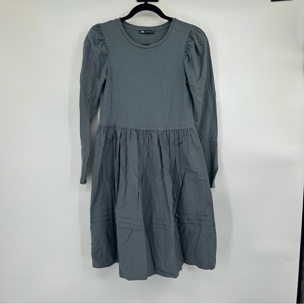 Zara Blue Gray Long Sleeve Puff Shoulder Fit & Flare Dress Size Small S